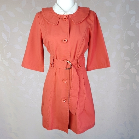 Tulle Retro Mod Peter Pan Collar Lightweight Cotton Canvas Long Jacket Coral - Picture 2 of 16